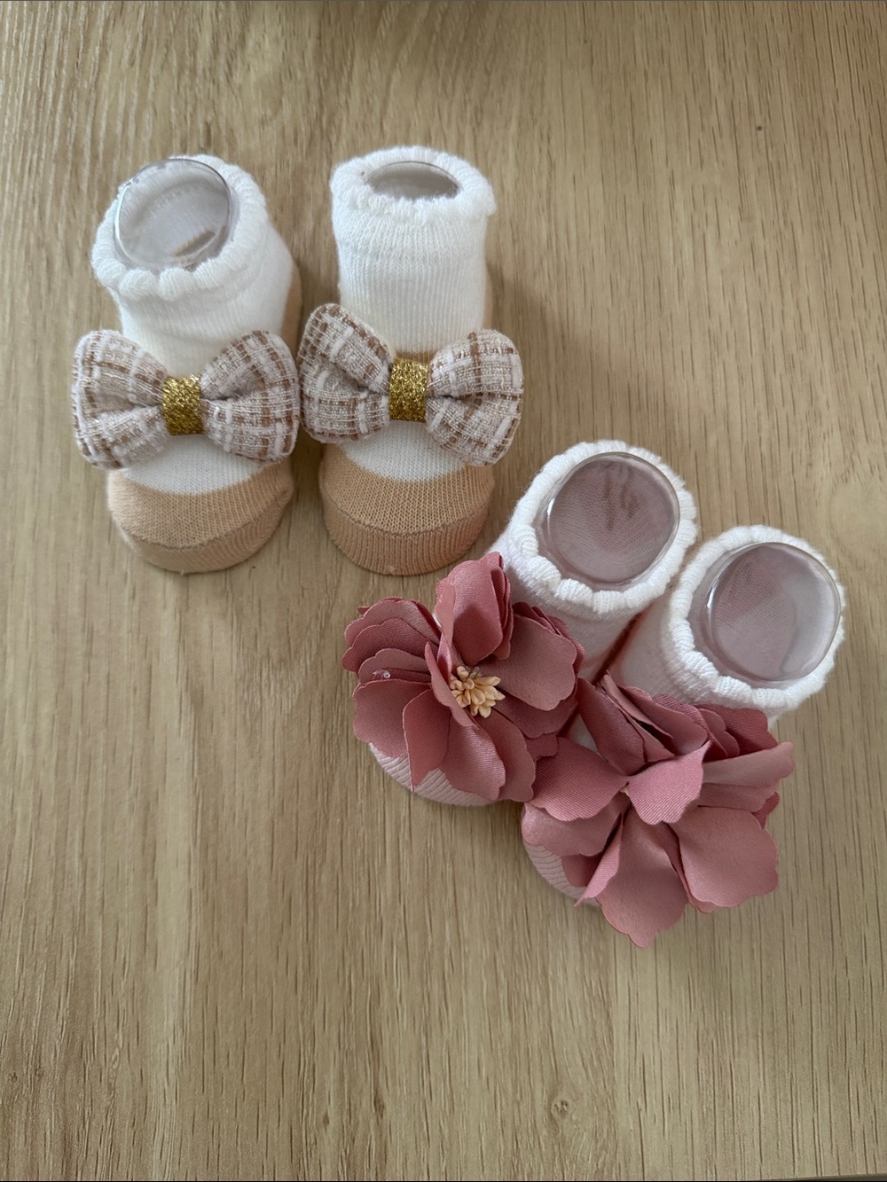 Baby Girls Sock Shoes with Pink Flower and Beige Bow - Cute Slip-On Soft Soles